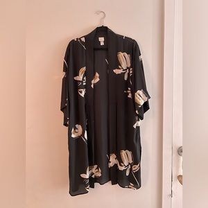 Mid Length Black Printed Kimono | One Size